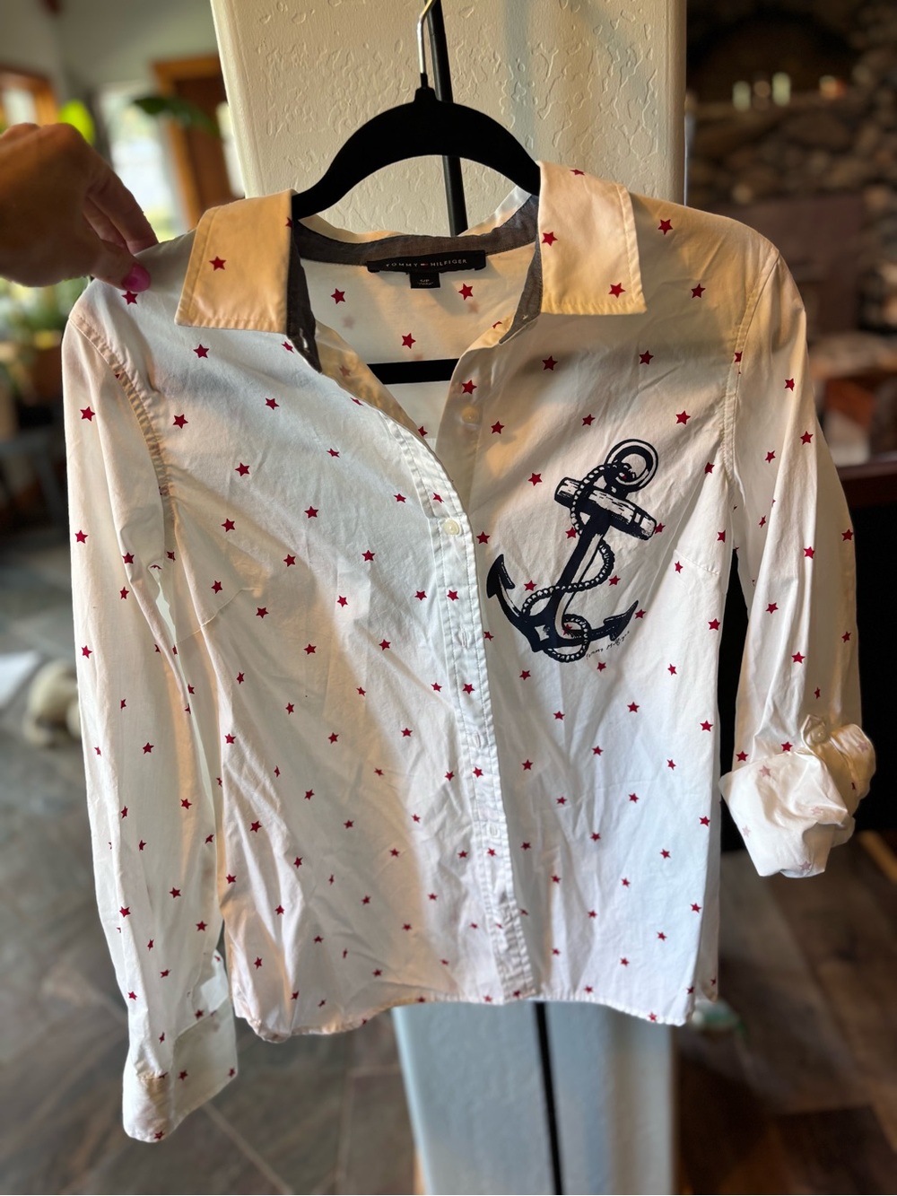 Tommy Hilfiger Star Print Button Down Shirt Navy Anchor Graphic Womens S